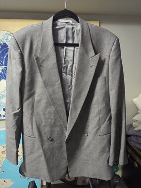 Yves Saint Laurent Made in France DB Peak Lapel Wool Suit Jacket 46R Gray Grey